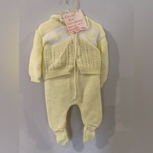 Vintage 1980s Hand Knit Baby Set Newborn Coming Home Outfit Yellow